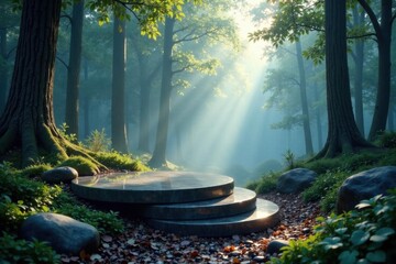 Polished granite platform veiled in ethereal mist, mystical woods , power, ambient, secretive