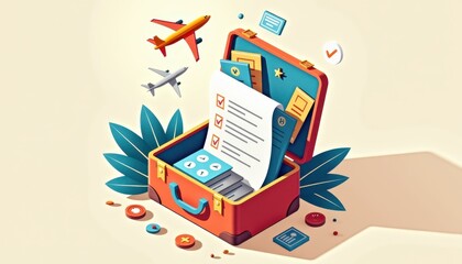 Open Suitcase with Travel Documents for International Trip Planning Infographics and Travel Apps