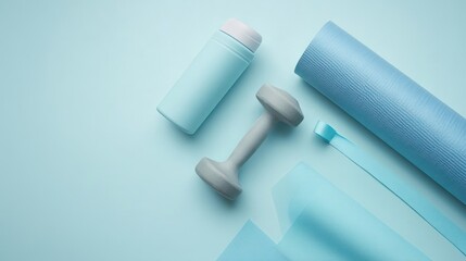 Naklejka premium Fitness Equipment Neatly Arranged On A Light Blue Background