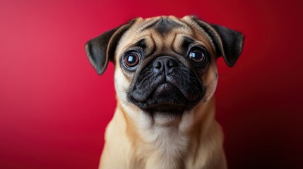 Adorable pug puppy with big, expressive eyes against a vibrant red backdrop.