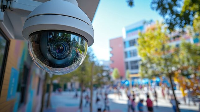 Security camera overlooking a schoolyard full of children. Ensuring safety and peace of mind.