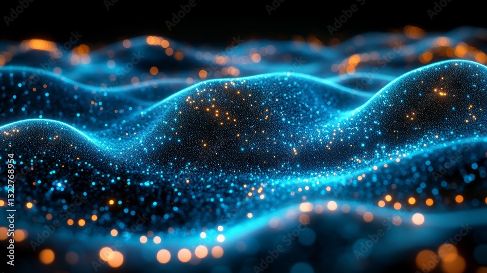 Poster A vibrant, abstract representation of quantum concepts like qubits, superposition, and entanglement displays a flowing landscape of glowing particles.