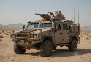 Fototapeta premium Armored Military Vehicle in Desert Landscape Under Clear Sky