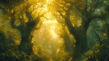 A dense mystical forest with golden sunlight piercing through the tall ancient trees