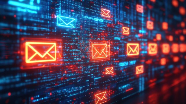 Digital communication: A vibrant abstract of glowing email icons set against a backdrop of binary code.  A visual representation of modern digital messaging.