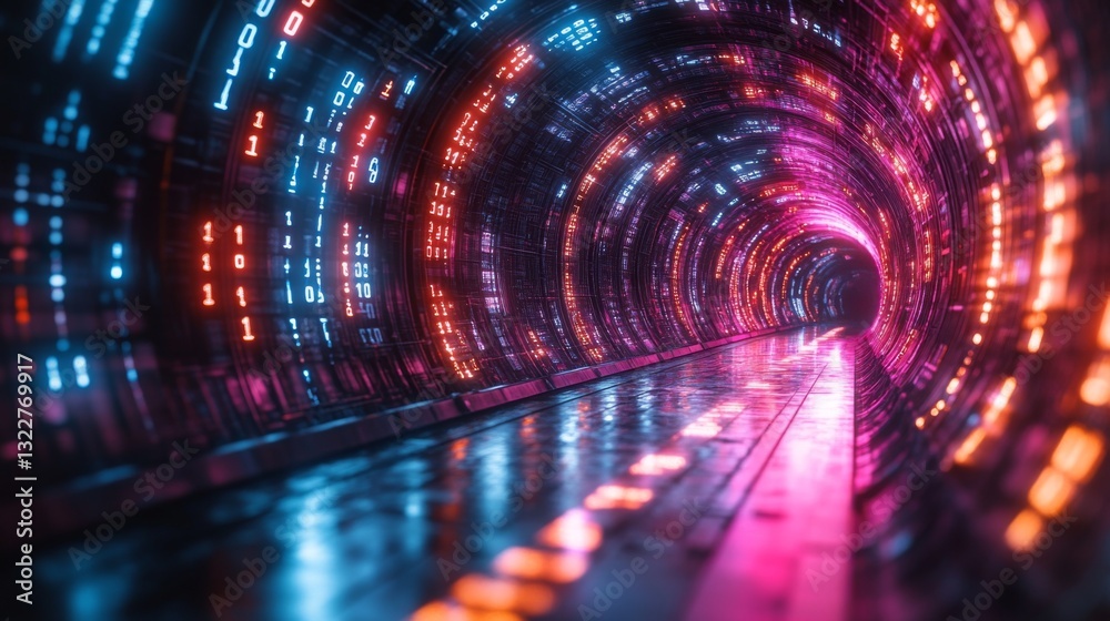 Aufkleber A vibrant digital tunnel displays quantum concepts like qubits, superposition, and entanglement with illuminated binary patterns.