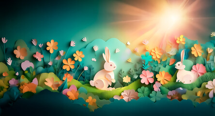 Delightful paper cut scene with bunnies amongst colorful flowers and green hills under a bright sun. A cheerful and vibrant spring meadow illustration.