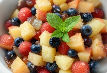 Fresh Colorful Fruit Salad with Mint Garnish in White Bowl