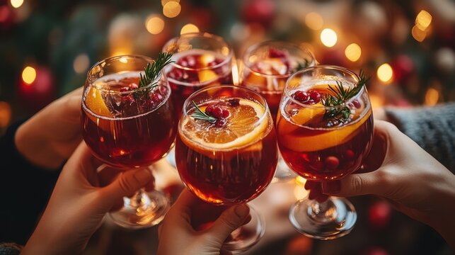 Friends clinking glasses filled with festive cranberry and orange cocktails. Warm lighting and cozy atmosphere.