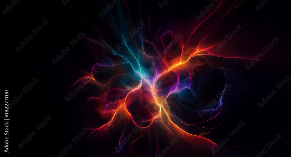 Wall mural abstract luminous lines in vibrant colors swirl and intertwine against a dark backdrop, creating a d