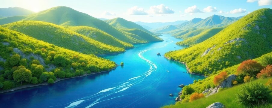 Diagram showing river tributaries feeding a main river & basin , lesson, diagram