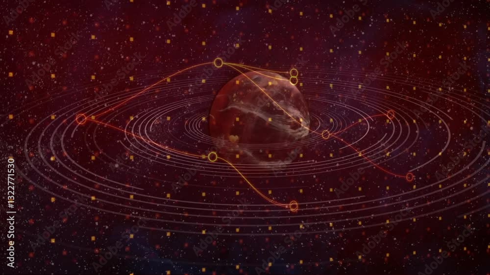 Poster Planet surrounded by orbiting lines and digital connections in space animation
