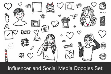 creative collection of influencer and social media doodles featuring various characters, icons, and symbols that represent modern digital culture and communication
