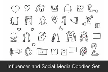 Influencer doodles featuring various social media icons, characters, and objects, perfect for creative projects and digital content
