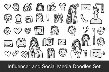 collection of doodles featuring influencers, social media icons, and various expressions, perfect for creative projects and digital content