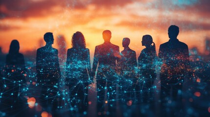 Silhouetted figures of diverse professionals stand against a vibrant sunset, connected by a network of glowing lines, symbolizing global collaboration and connectivity.