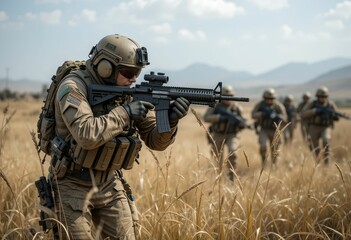 Fototapeta premium Soldier in Tactical Gear Engaged in Action in Open Field