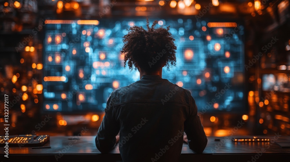 Poster A technician studies quantum encryption techniques involving qubits, superposition, and entanglement within a futuristic data center, surrounded by glowing displays.