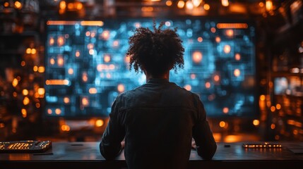 A technician studies quantum encryption techniques involving qubits, superposition, and entanglement within a futuristic data center, surrounded by glowing displays.