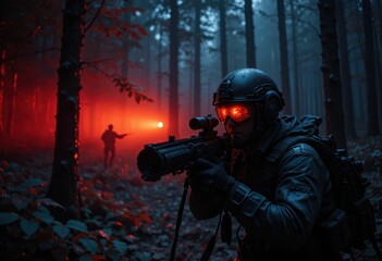 Soldier in Tactical Gear with Firearm in Foggy Forest at Night