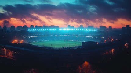 Fototapeta premium Night falls on the stadium as the lights illuminate the field, creating a vibrant contrast against the colorful twilight sky.