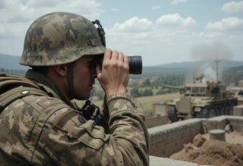 Fototapeta premium Soldier in Camouflage Observing Scenic Landscape with Camera