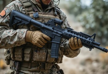 Fototapeta premium Soldier in Tactical Gear Holding Modern Assault Rifle in Nature