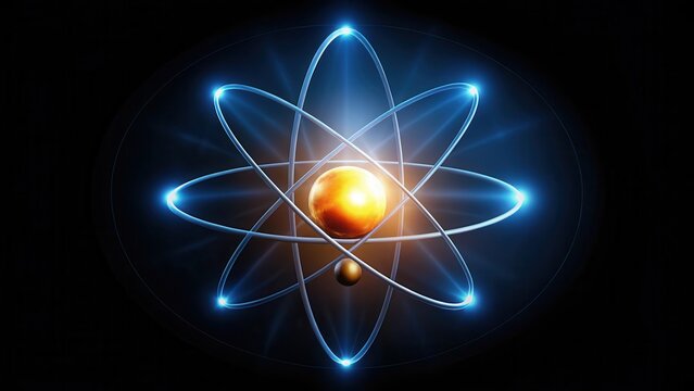 Atom resting on a black background with glowing nuclear core, physics, radioactive material ,  physics