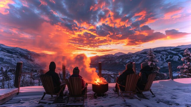 Four individuals sit in wooden chairs near a glowing campfire, surrounded by snow covered mountains and vibrant sunset colors painting the sky, creating a cozy winter atmosphere.