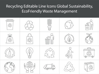 Recycling Silhouette Line Icons Set Global Environmental Sustainability Symbols Vector Illustration