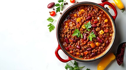 Delicious Homemade Chili in Red Pot Isolated on White Background