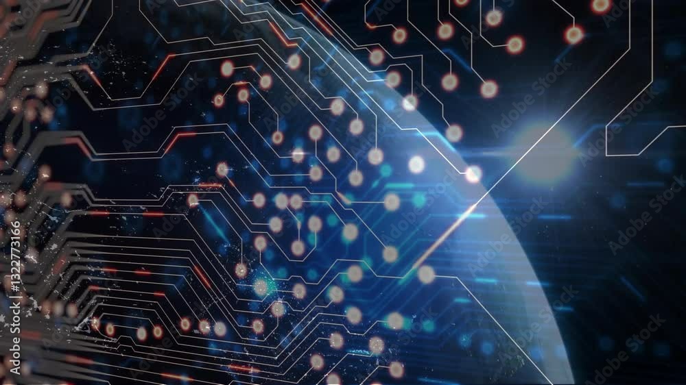 Poster glowing circuit board pattern with animation over cosmic background and light beam