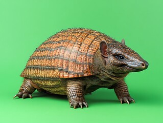 Fototapeta premium The Armadillo is a brown animal standing on green background