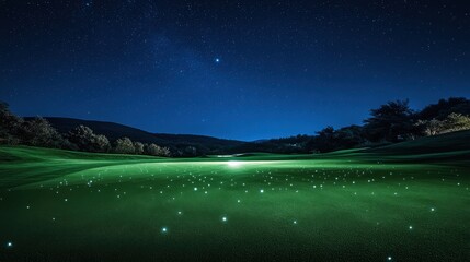 Serene night scene on a golf course. Glowing lights illuminate the green under a starlit sky.