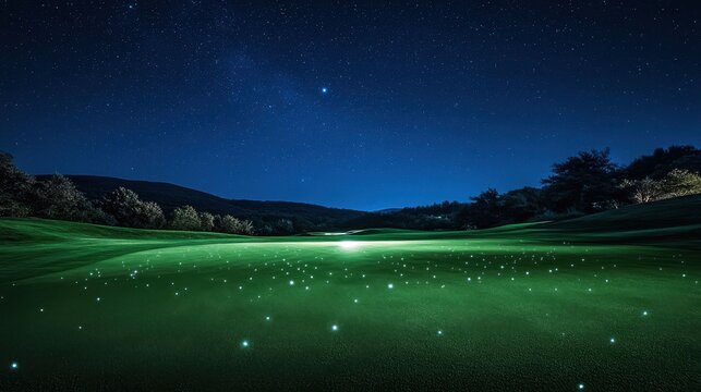 Serene night scene on a golf course. Glowing lights illuminate the green under a starlit sky.