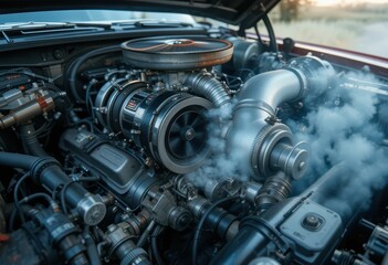 Powerful Car Engine with Turbocharger and Mechanical Components