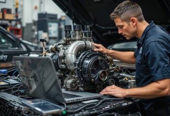 Fototapeta premium Mechanic Working on Engine with Laptop in Auto Repair Shop