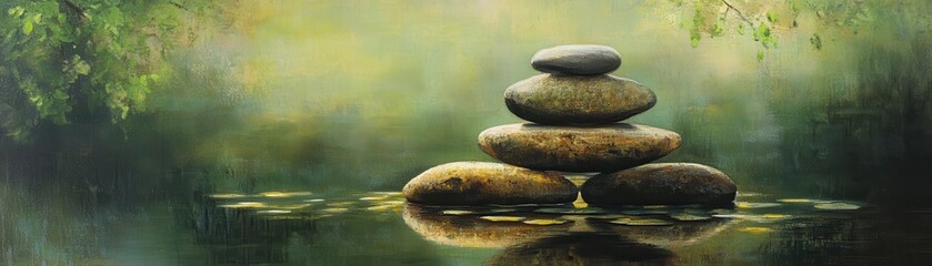 A serene painting depicts a carefully balanced stack of smooth, rounded rocks emerging from calm, crystal-clear water, reflecting soft hues of blue and green, surrounded by gentle ripples.