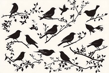 Fototapeta premium Black Silhouettes of Birds Perched on Branches With Leaves