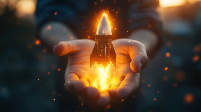 Person's hands gently cradling a fiery rocket, symbolizing innovation and potential. Warm, inviting, and full of hope.