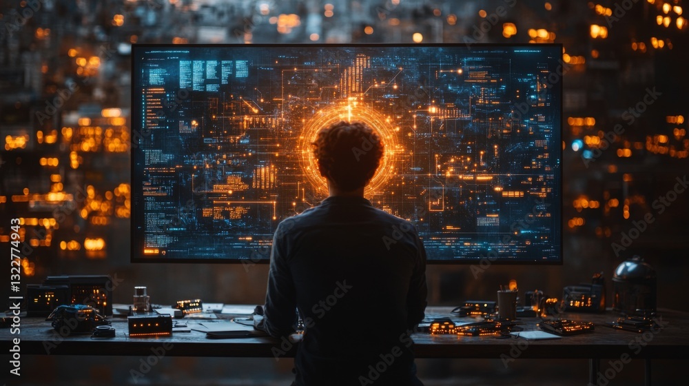 Aufkleber A researcher analyzes quantum encryption data displayed on a large screen in a technologically advanced lab. The setting highlights concepts like qubits, superposition, and entanglement.