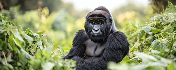 Obraz premium A majestic silverback gorilla resting amidst lush green vegetation in nature