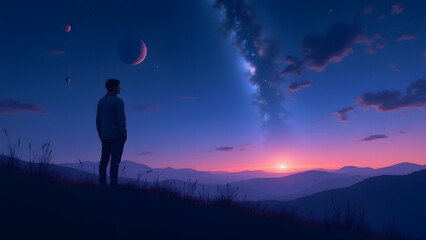 Fototapeta premium A person stands in a field, silhouetted against a twilight sky filled with stars, planets, and a crescent moon, evoking feelings of curiosity and awe in nature.