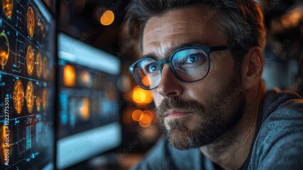 Poster A researcher focuses intently on multiple screens displaying complex quantum computing data.
