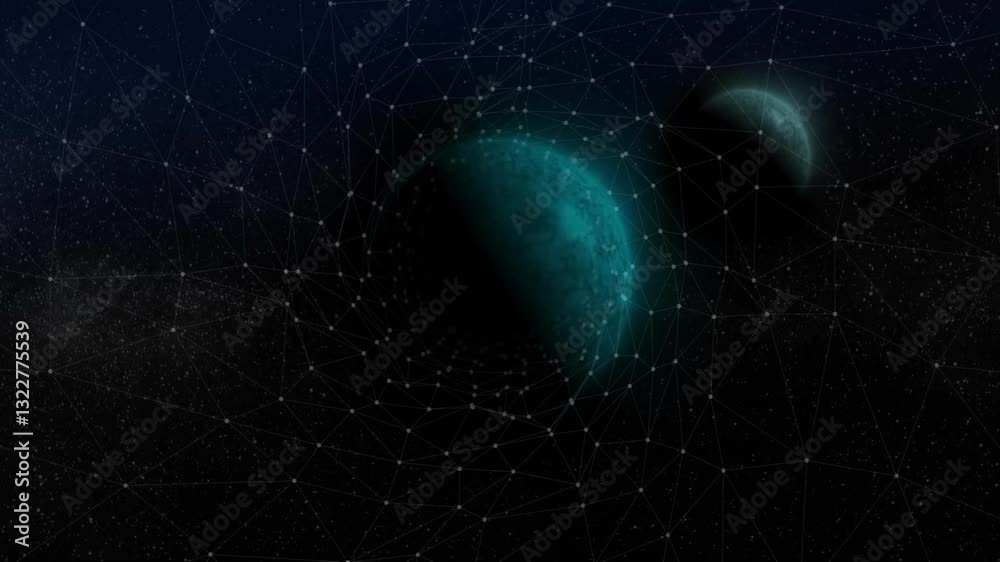 Poster planets surrounded by network of connections and data processing animation in space