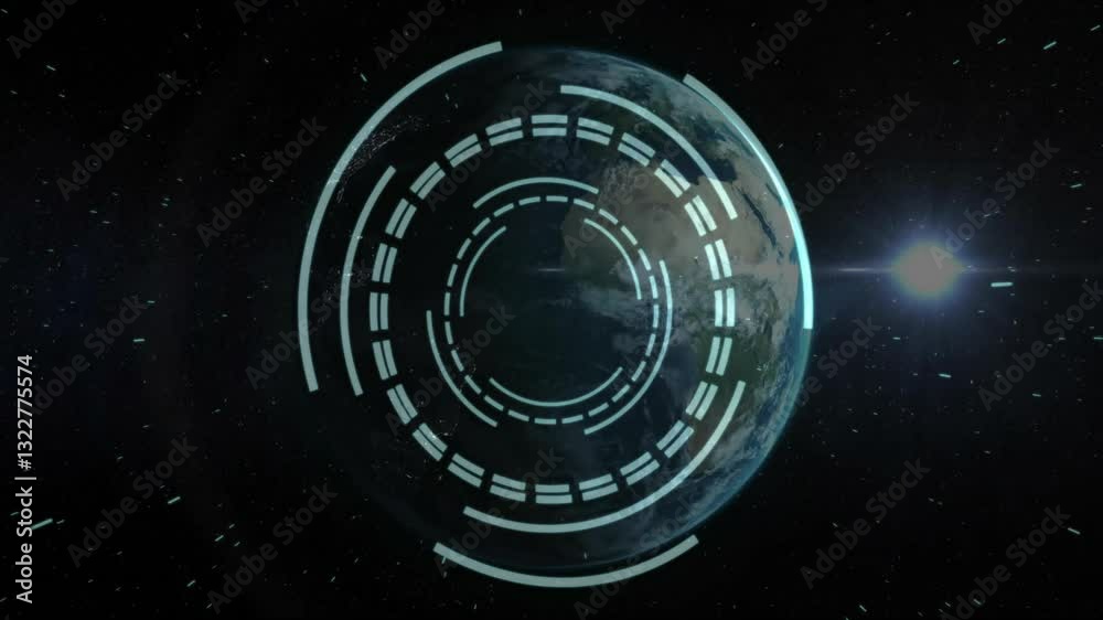Poster digital interface animation over earth in space with glowing circular patterns