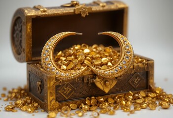 Elegantly Crafted Golden Earrings Resting on Treasure Chest Full of Coins