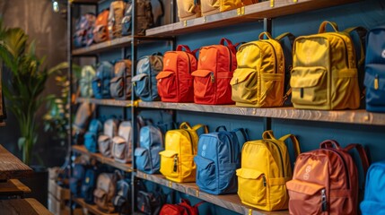 Fototapeta premium Various vibrant backpacks in multiple colors are organized on wooden shelves in a retail space. The atmosphere is bright and inviting, showcasing a trendy selection.
