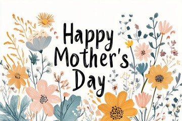 Happy Mother’s Day Illustration with Botanical Elements,with "Happy Mother's day" typography text,  Elegant Mother’s Day Card 