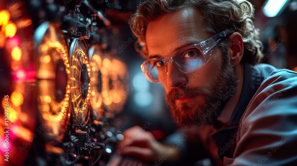 Aufkleber A researcher studies advanced quantum phenomena in a physics laboratory. Experiments focus on qubits, superposition, and entanglement, showcasing intricate technology and energy interactions.